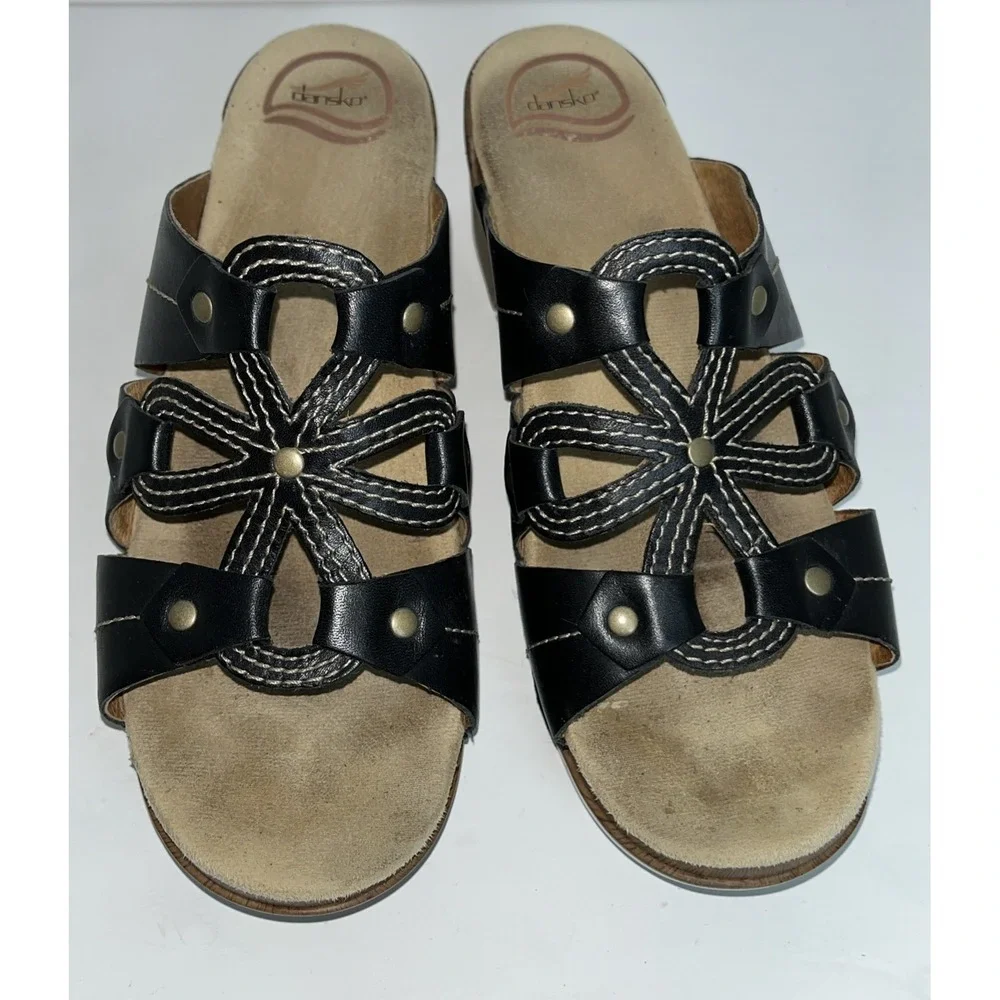 Dansko Serena Women's Size‎ 41/ 10.5-11 US Black Leather Flower Wedge